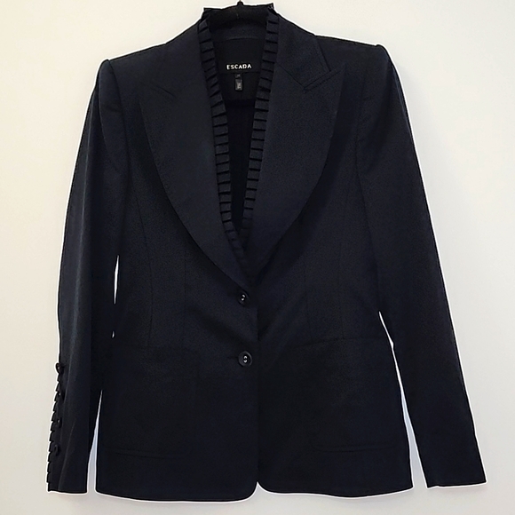 Escada Margaretha Ley Blazer Jacket Navy Wool Satin Ribbon Trim 38/8 - Picture 1 of 16